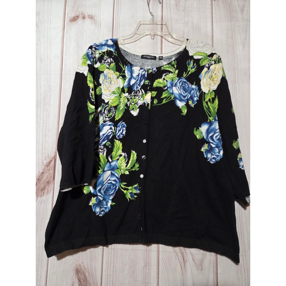 NOTATIONS WOMAN Black Floral‎ Print Cardigan Sweater 3/4 Sleeve Size 1X Art